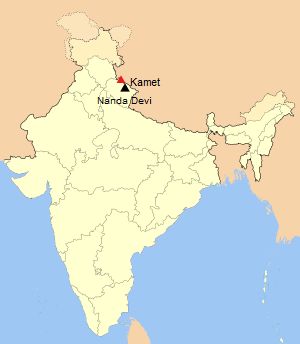 Location map for Kamet in the Garwal Himalaya of India