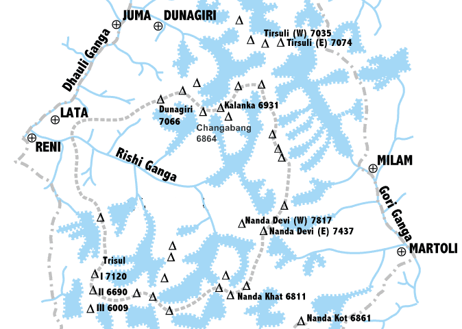 Location Map for Dunagiri in the Nanda Devi Sanctuary