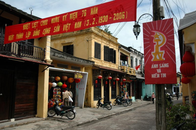 Street and shops in Hoi An fishing village in Vietnam