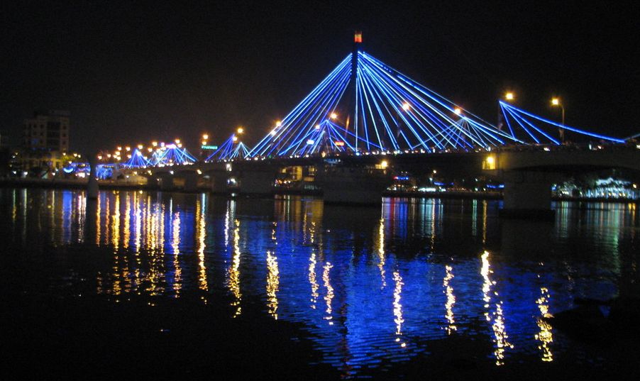 Thuan Phuoc Bridge over Han River in Danang illuminated at night