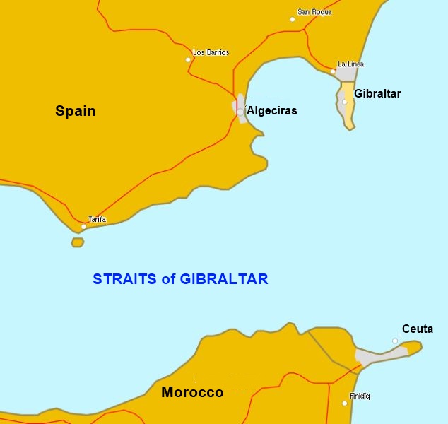 Map of the Straits of Gibraltar between Morocco and Spain