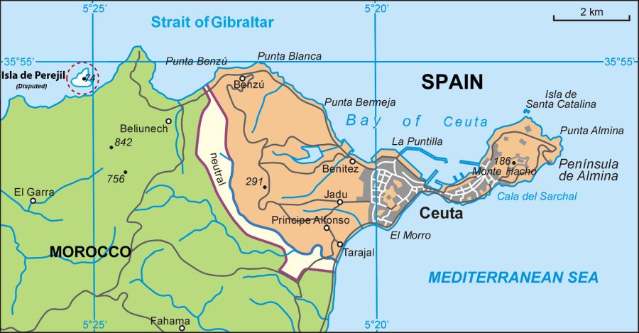 Map of Ceuta on the north coast of Morocco