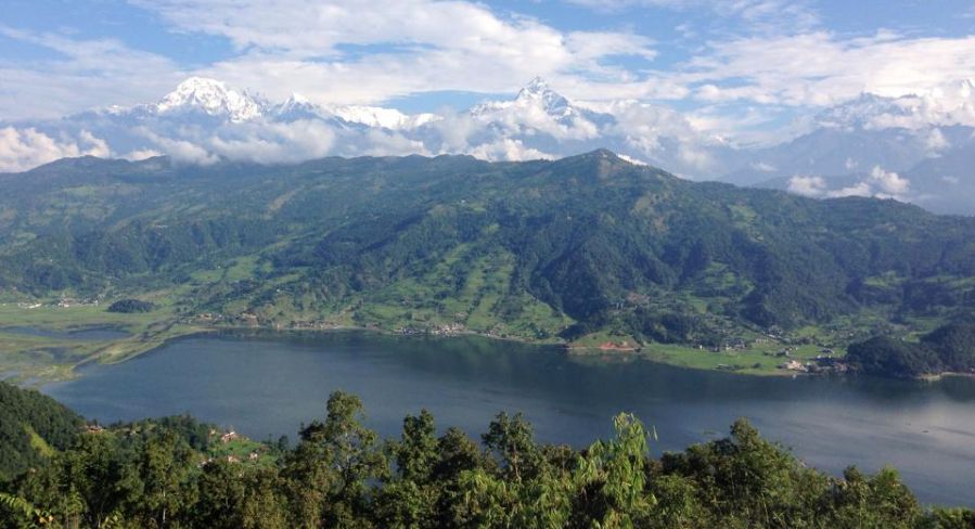 Annapurna Himal, Macchapucchre ( Fishtail Mountain ) and Lamjung Himal above Phewa Tal