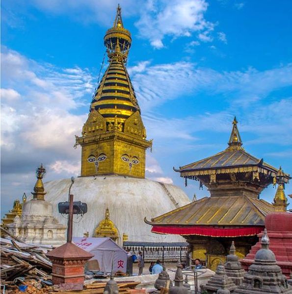 Stupa and Pagoda at Swayambunath ( the "Monkey Temple " ) in Kathmandu
