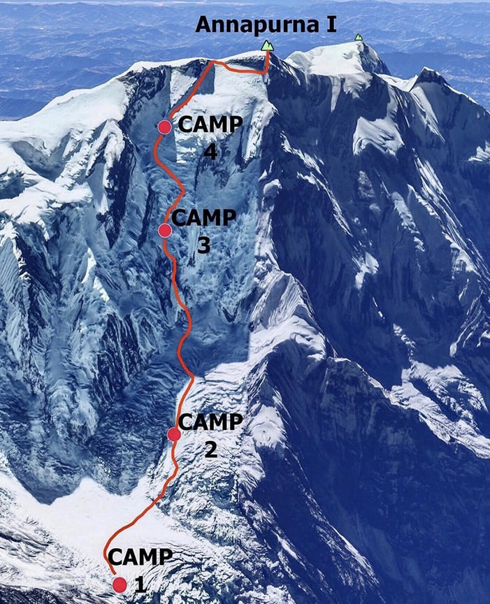 Camps on NE Ridge ascent route on Annapurna I