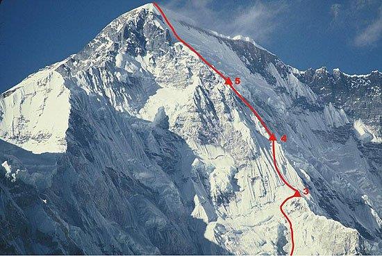 Ascent route on Cho Oyu from above Khumbu Panch Pokhari at the head of the Gokyo Valley