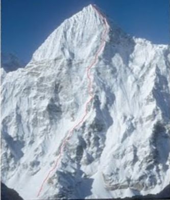 North Face ascent route on Chang Himal / Wedge Peak from above Pang Pema in the Kangchenjunga Region of the Nepal Himalaya