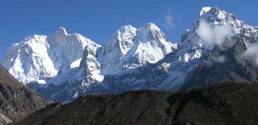 Jannu ( Kumbacharna ) Sobithongie ( 6669m ), Phole ( 6645m ) and Khabur ( 6332m ) from Kambachen in the Ghunsa Khola Valley in the Kangchenjunga Region of the Nepal Himalaya