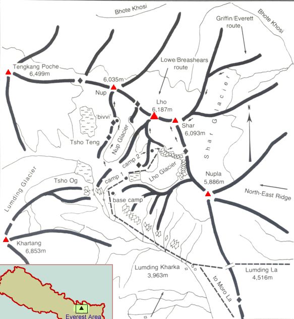 Mount Kwande Ri ascent routes map