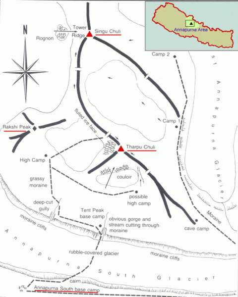 Access / Ascent Route Map for Rakshi Peak, Singu Chuli Tent Peak ( Tharpu Chuli ) and Singu Chuli in the Annapurna Sanctuary Region