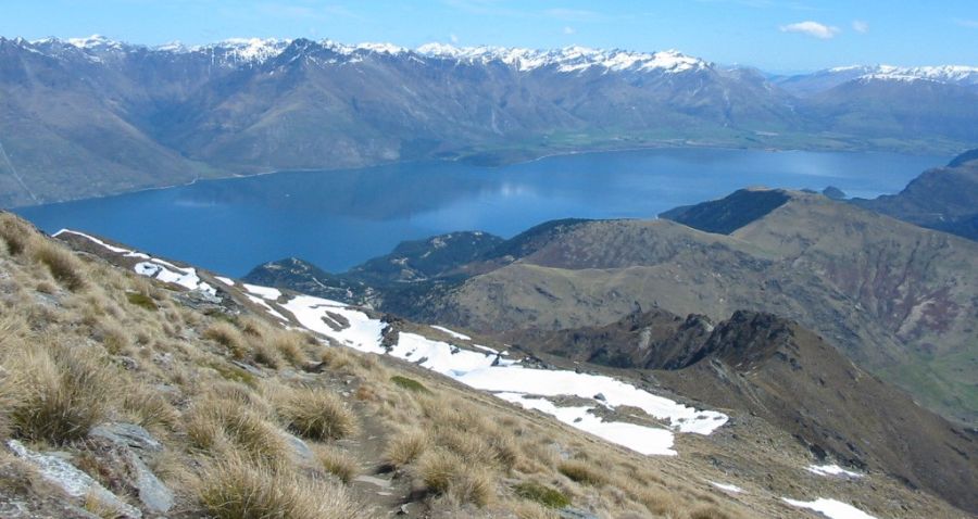 Lake Wakapitu and Remarkables from Ben Lomond above Queenstown in South Island of New Zealand