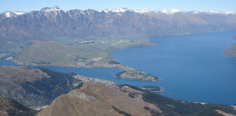 Lake Wakapitu, Queensland and Remarkables from Ben Lomond above Queenstown in South Island of New Zealand