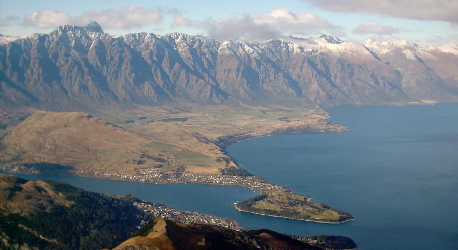 Queensland, Lake Wakapitu and Remarkables from Ben Lomond above Queenstown in South Island of New Zealand