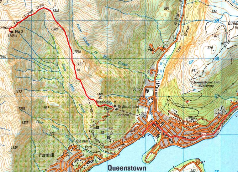 Map of Ben Lomond above Queenstown in South Island of New Zealand