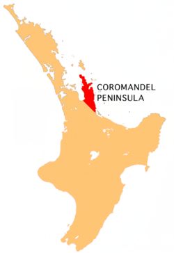 Location Map for Coromandel Peninsula on North Island of New Zealand
