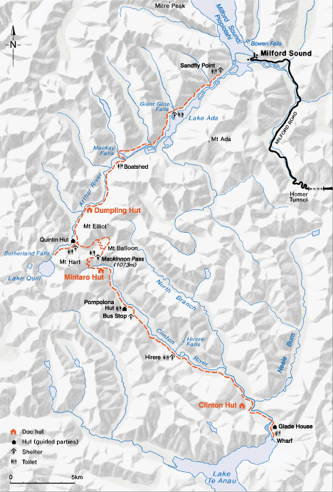 Route Map for the Milford Track in Fjiordland of the South Island of New Zealand