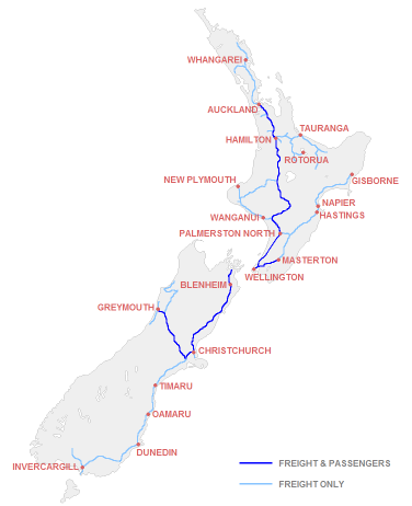 Map of the railway network of New Zealand