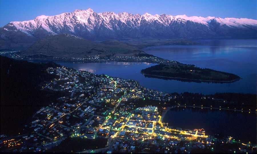 The Remarkables, Lake Wakatipu and Queenstown illuminated at night