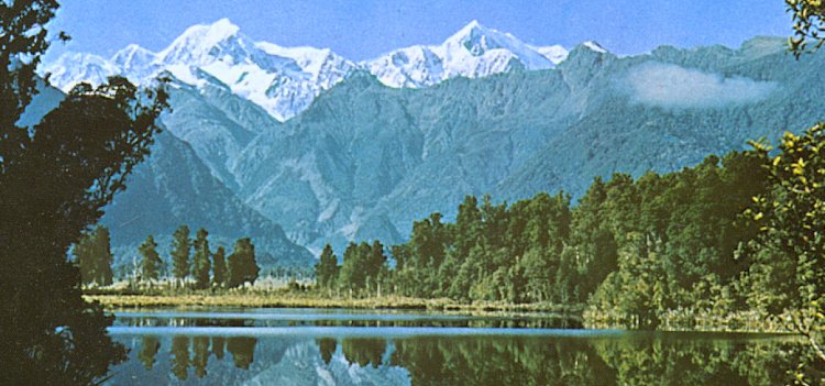 Mt. Tasman and Mt.Cook from Matheson Lake near Fox Glacier