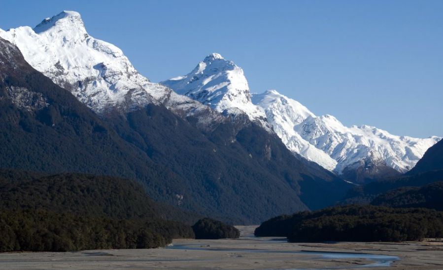 Mt Nox ( 1940m ) & Mt Chaos ( 1995m ) above the Dart River in the Southern Alps of the South Island of New Zealand