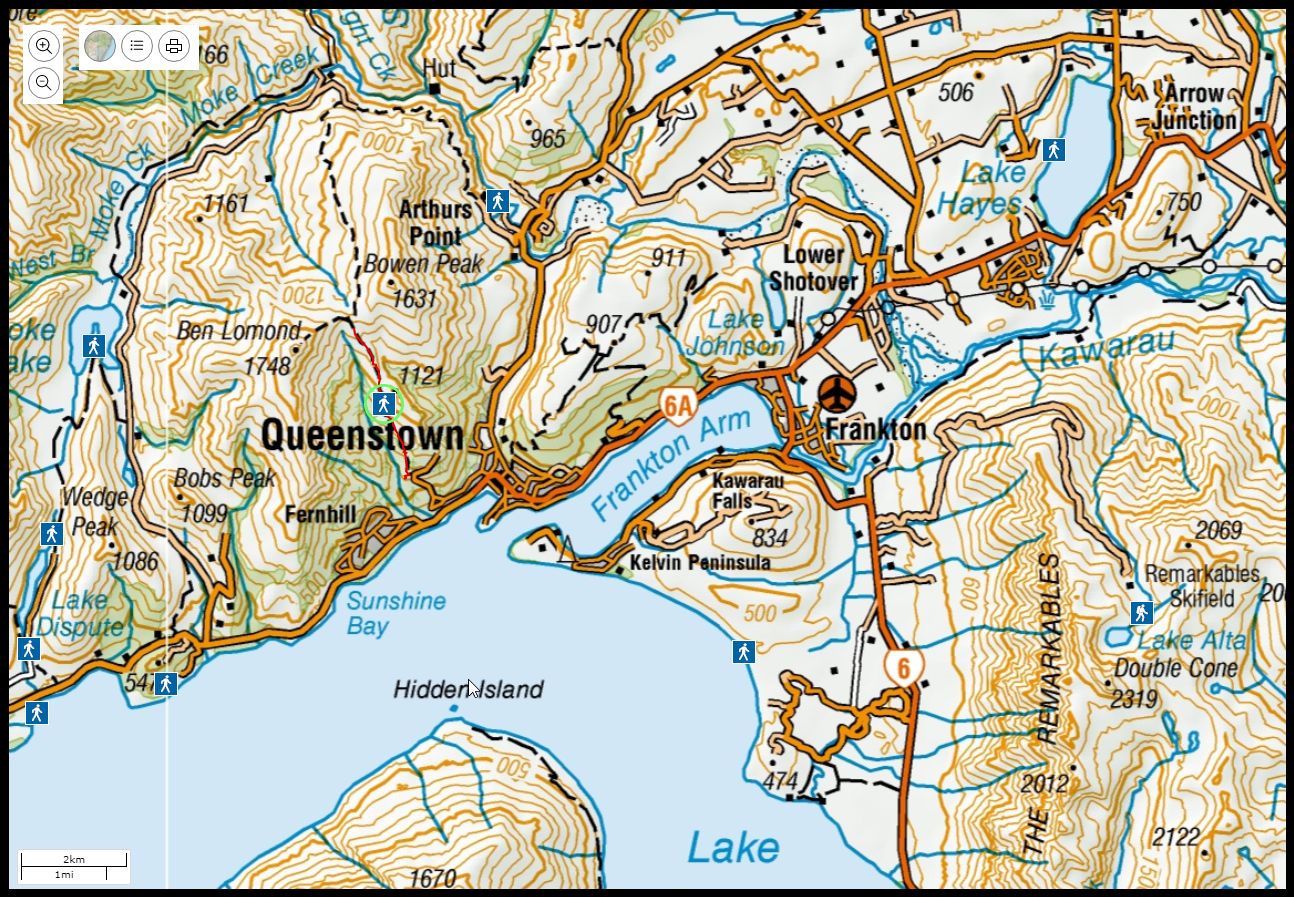 Map of Ben Lomond above Queenstown in South Island of New Zealand
