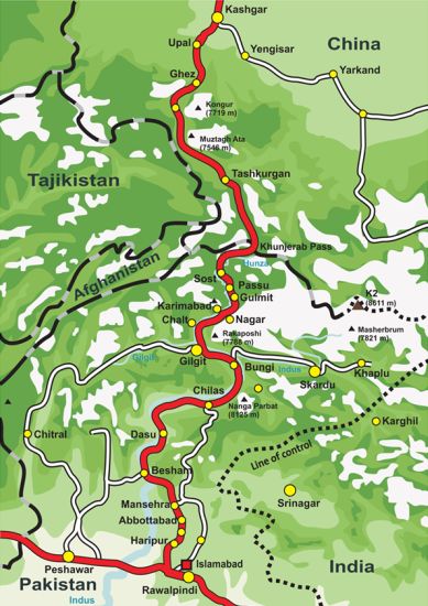 Map of the Karakorum Highway from Pakistan to China