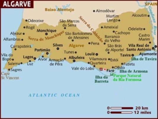Tourism Map of the Algarve in Southern Portugal