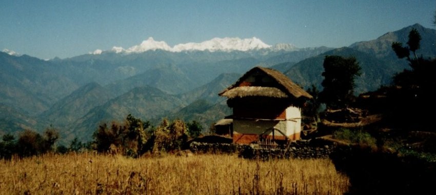 Photograph of Jannu ( Khumbakharna ) and Mount Kangchenjunga from start of trek to Kangchenjunga