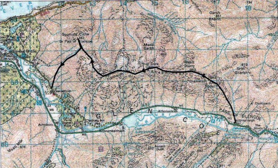 Map for the Aonach Eagach Ridge