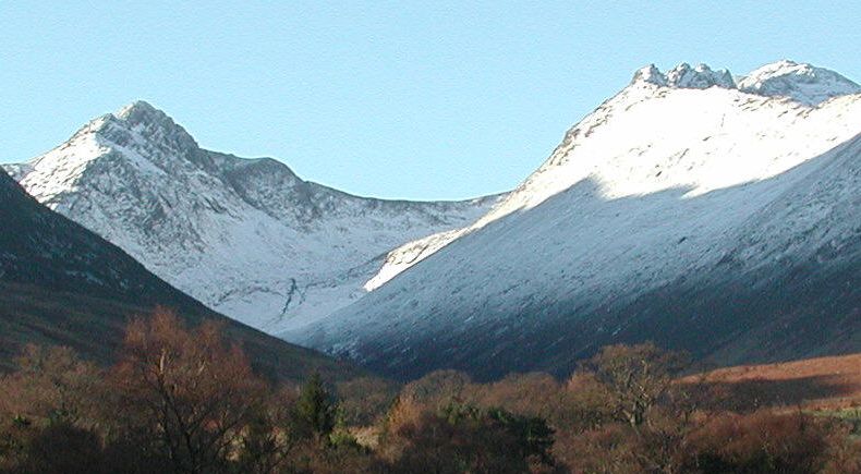 Snow covered Arran Hills in winter
