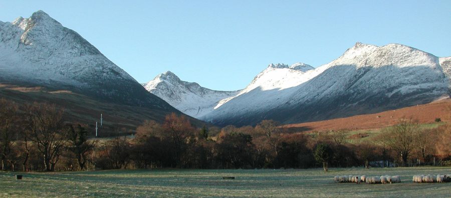 Snow covered Arran Hills in winter