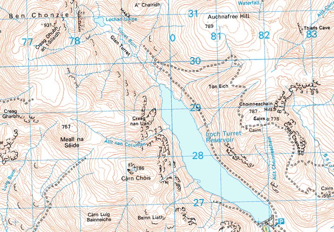 Map of Auchnafree Hill and Loch Turret