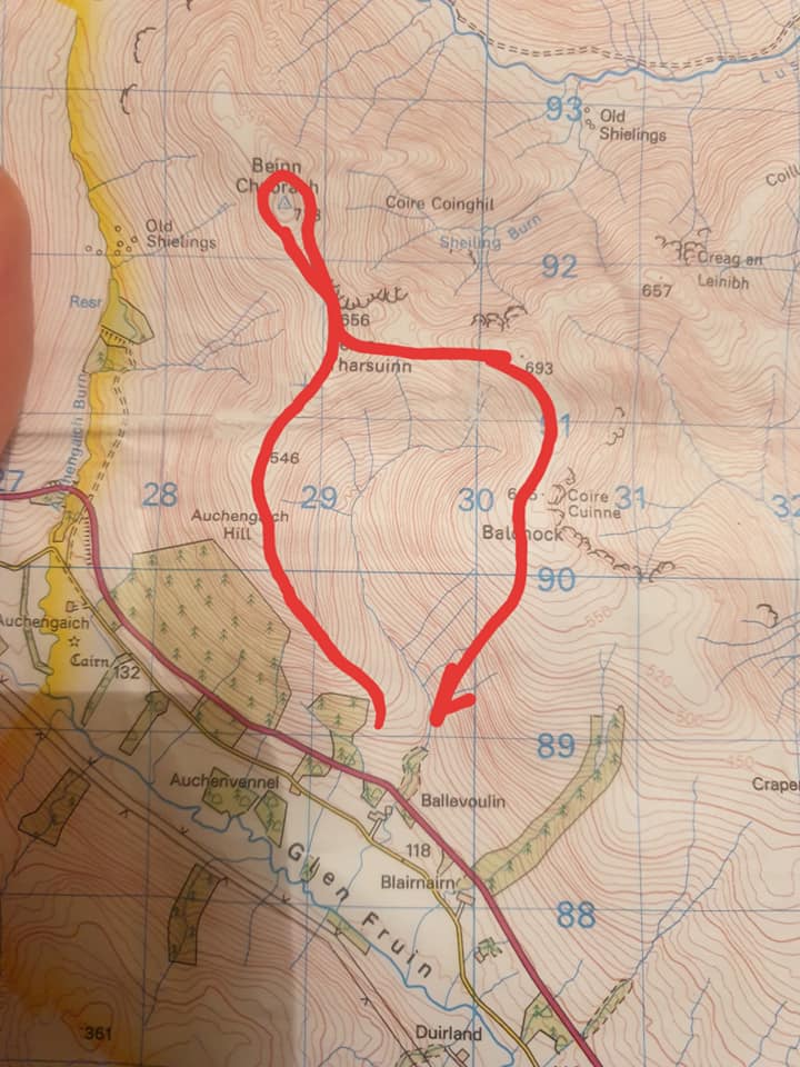 Route Map for Beinn Chaorach in the Luss Hills above Loch Lomond