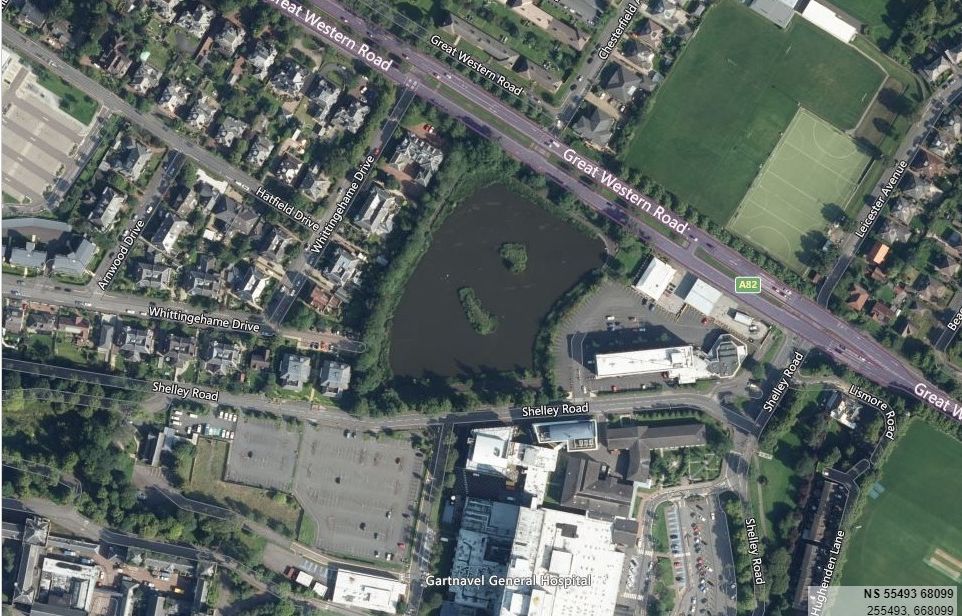 Aerial view of Bingham's Pond in Great Western Road in Glasgow