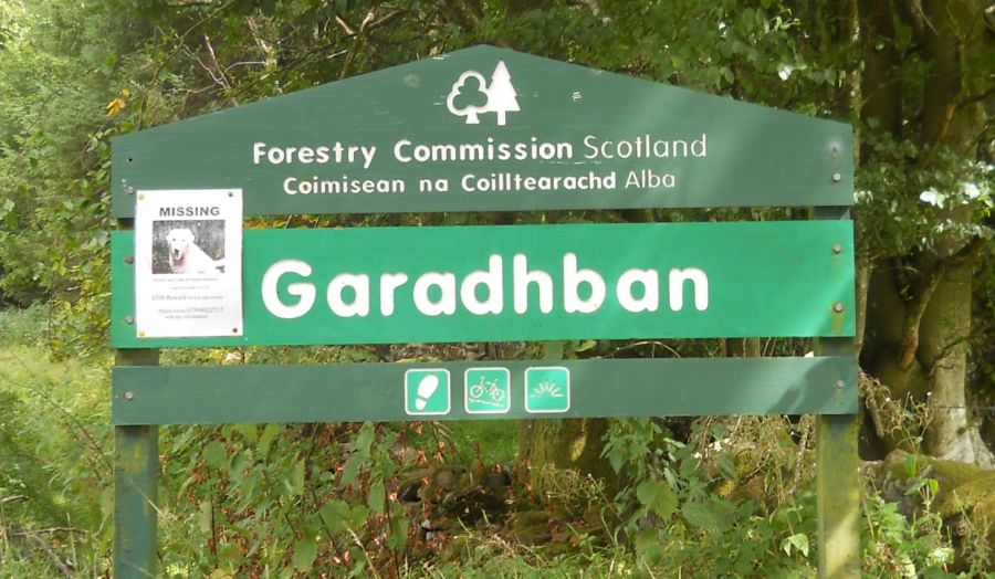 Signpost for Garadhban Forest at Creity Hall Farm