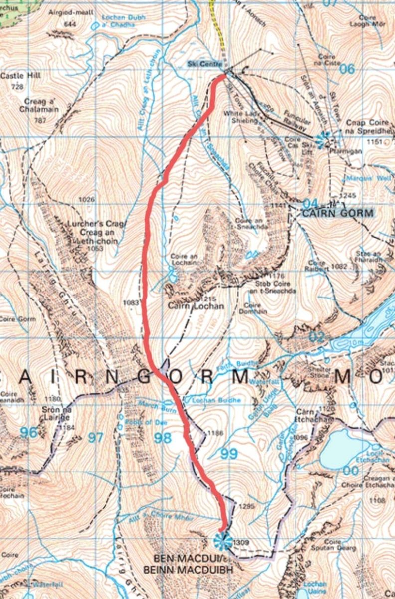 Route Map for Ben Macdui in the Cairngorm Mountains of Scotland