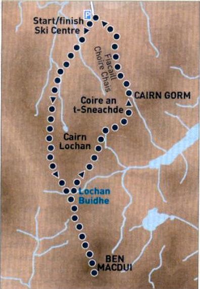 Route Map for Ben Macdui in the Cairngorm Mountains of Scotland