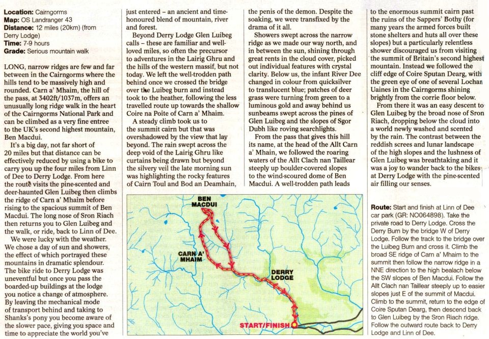 Map and Route Description for Cairn Lochan and Ben Macdui circuit in the Cairngorm Mountains of Scotland