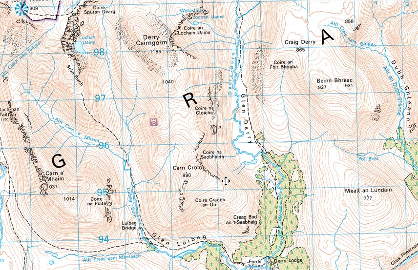 Map of Glen Derry in the Cairngorm Mountains of Scotland