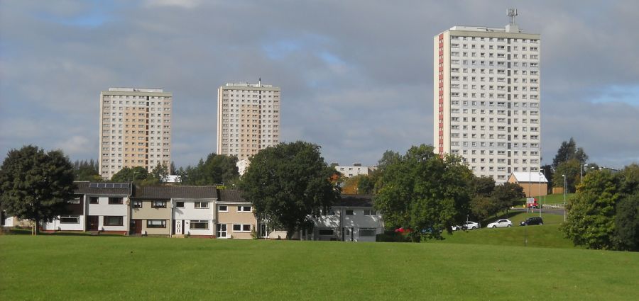High rise tenement buildings in East Kilbride from Calderglen Country Park