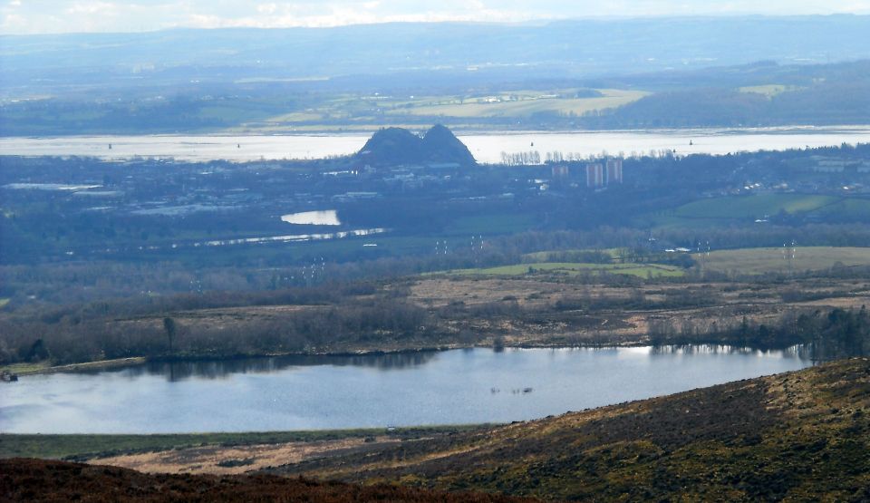 Carman Reservoir and Dumbarton Rock on the Firth of Clyde from Bromley Muir