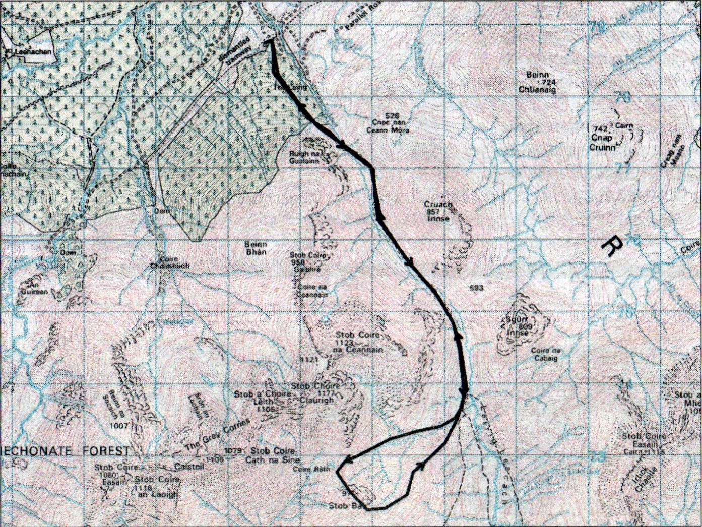 Route Map of Stob Ban in the Grey Corries