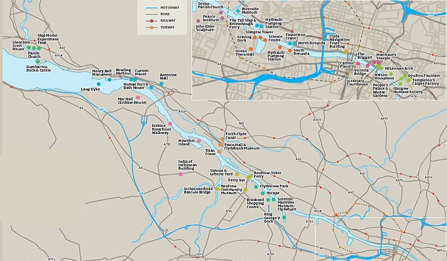Map of the Walkway along the River Clyde from Glasgow to Dumbarton