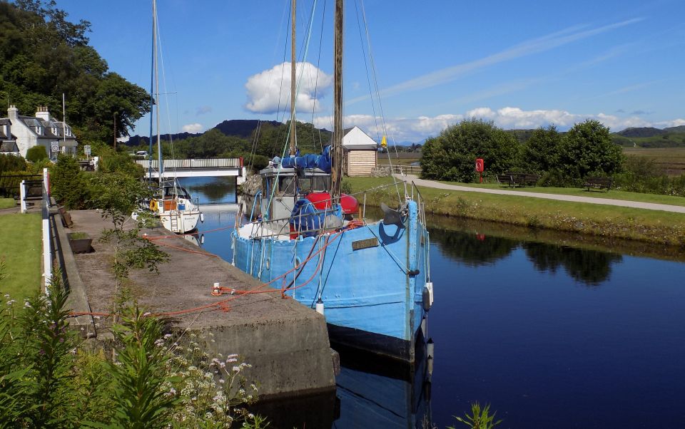 Boats moored at Bellanoch Swing Bridge on the Crinan Canal