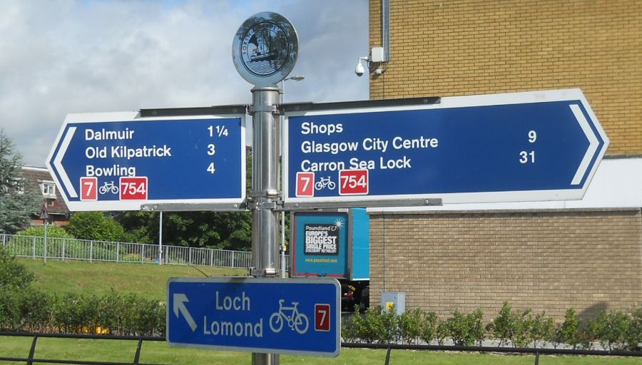 Signpost on the Forth and Clyde Canal at the Shopping Centre in Clydebank