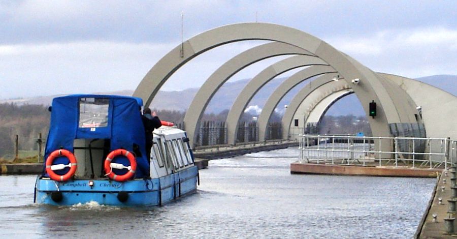 Boat entering the Falkirk Wheel from the Roughcastle Tunnel on the Union Canal