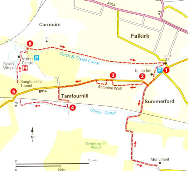Map of Walk at the Falkirk Wheel along the Forth and Clyde Canal and the Union Canal