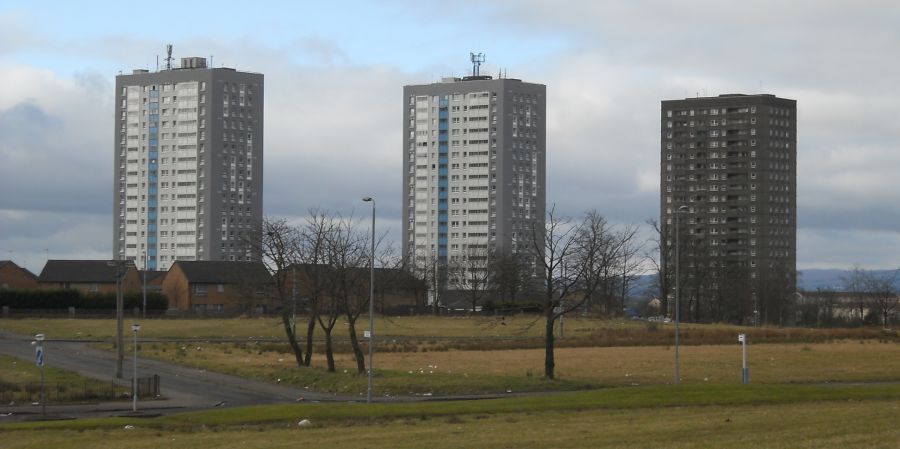 High-rise flats in Drumchapel from Garscadden ( Bluebell ) Woods