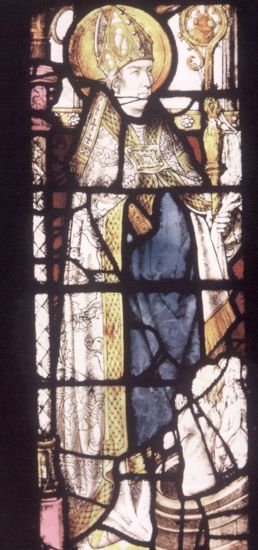 St. Nicholas stained glass panel in the Burrell Gallery Building in Pollok Country Park