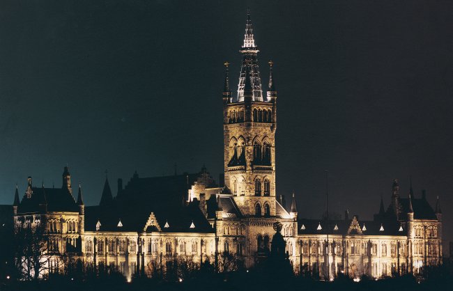 University of Glasgow illuminated at night